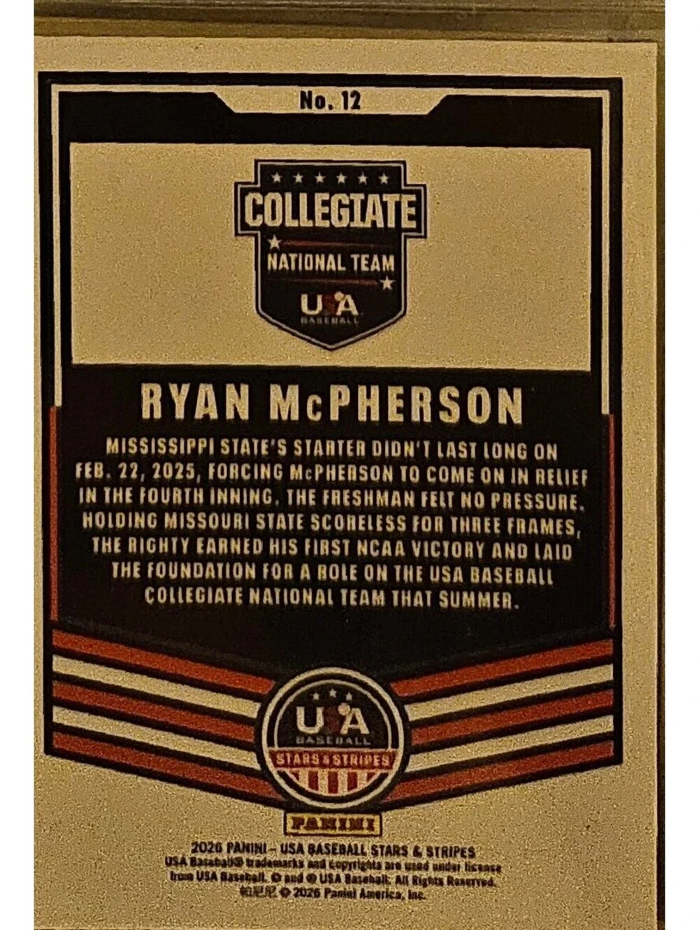 2026 Panini Stars & Stripes Prizm USA Baseball #12 Ryan McPherson